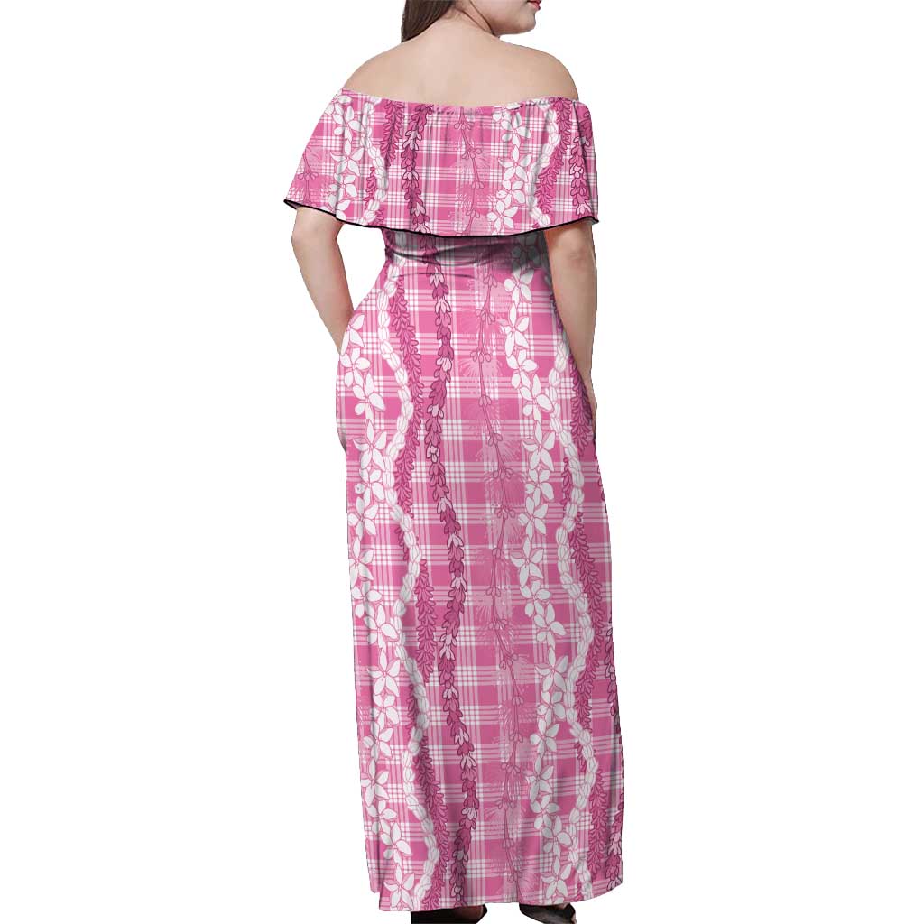 Hawaiian Ohia Lehua Lei Off Shoulder Maxi Dress Plaid Palaka Akala Pattern - Polynesian Pride