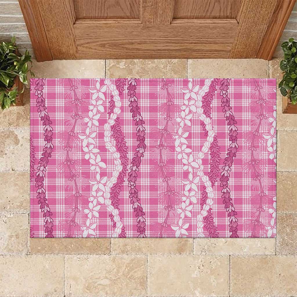 Hawaiian Ohia Lehua Lei Rubber Doormat Plaid Palaka Akala Pattern LT9 Pink - Polynesian Pride
