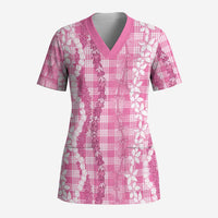 Hawaiian Ohia Lehua Lei Scrub Top Plaid Palaka Akala Pattern LT9 Adult Pink - Polynesian Pride