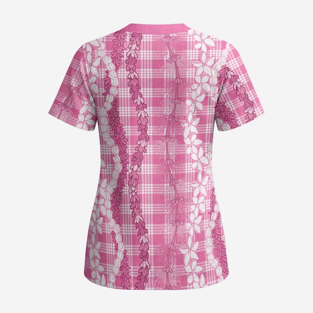 Hawaiian Ohia Lehua Lei Scrub Top Plaid Palaka Akala Pattern LT9 - Polynesian Pride