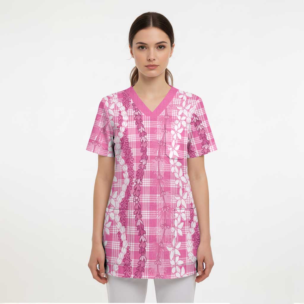 Hawaiian Ohia Lehua Lei Scrub Top Plaid Palaka Akala Pattern LT9 - Polynesian Pride