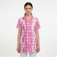Hawaiian Ohia Lehua Lei Scrub Top Plaid Palaka Akala Pattern LT9 - Polynesian Pride