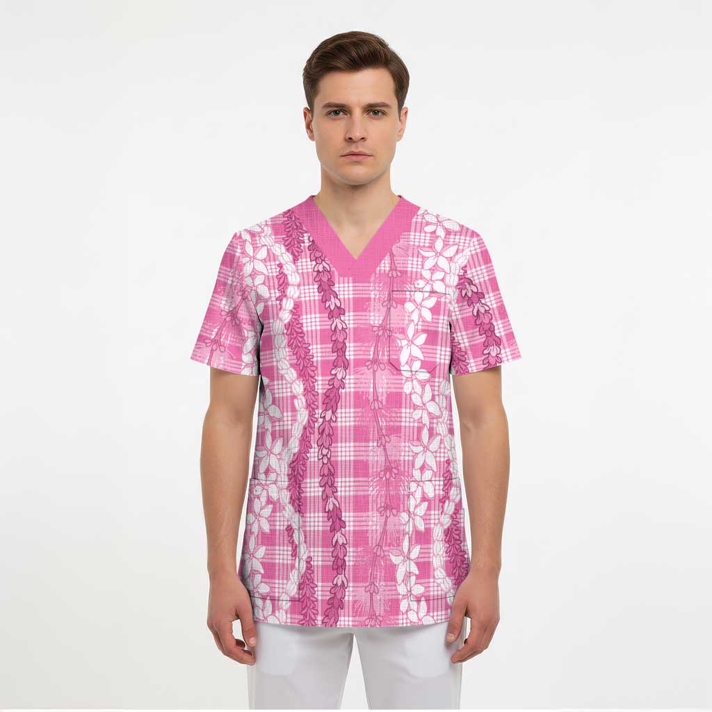 Hawaiian Ohia Lehua Lei Scrub Top Plaid Palaka Akala Pattern LT9 - Polynesian Pride