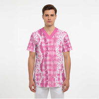 Hawaiian Ohia Lehua Lei Scrub Top Plaid Palaka Akala Pattern LT9 - Polynesian Pride