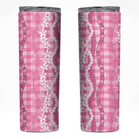 Hawaiian Ohia Lehua Lei Skinny Tumbler Plaid Palaka Akala Pattern - Polynesian Pride