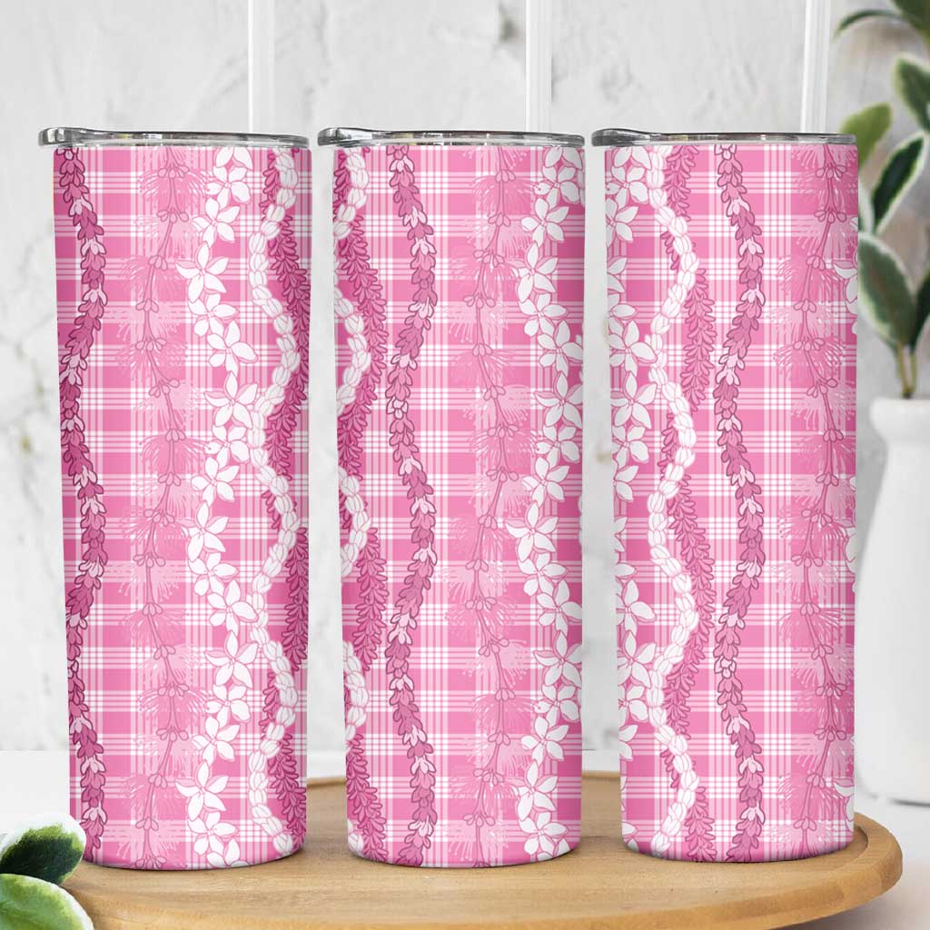 Hawaiian Ohia Lehua Lei Skinny Tumbler Plaid Palaka Akala Pattern - Polynesian Pride