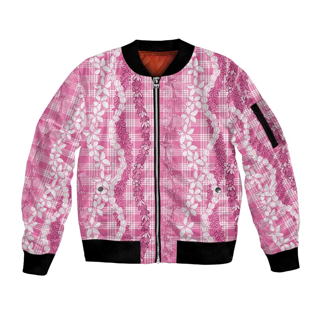 Hawaiian Ohia Lehua Lei Sleeve Zip Bomber Jacket Plaid Palaka Akala Pattern LT9 Unisex Pink - Polynesian Pride