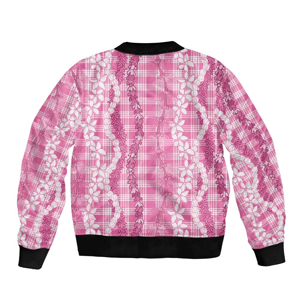 Hawaiian Ohia Lehua Lei Sleeve Zip Bomber Jacket Plaid Palaka Akala Pattern LT9 - Polynesian Pride