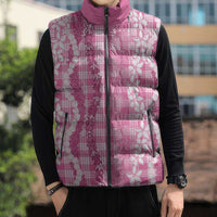 Hawaiian Ohia Lehua Lei Sleeveless Puffer Jacket Plaid Palaka Akala Pattern LT9 - Polynesian Pride