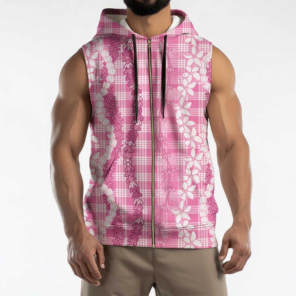 Hawaiian Ohia Lehua Lei Sleeveless Zip Hoodie Plaid Palaka Akala Pattern - Polynesian Pride