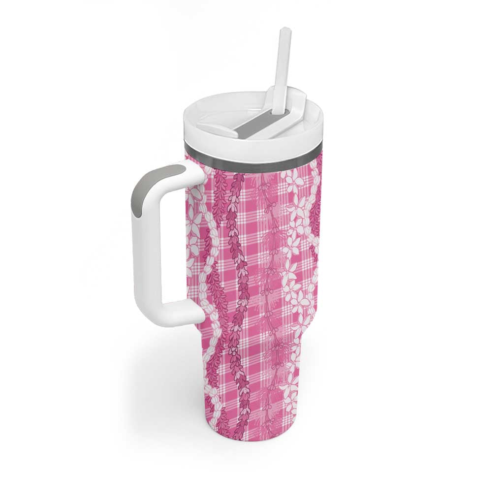 Hawaiian Ohia Lehua Lei Tumbler With Handle Plaid Palaka Akala Pattern - Polynesian Pride