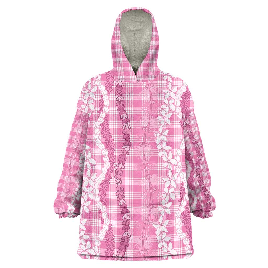 Hawaiian Ohia Lehua Lei Wearable Blanket Hoodie Plaid Palaka Akala Pattern LT9 One Size Pink - Polynesian Pride