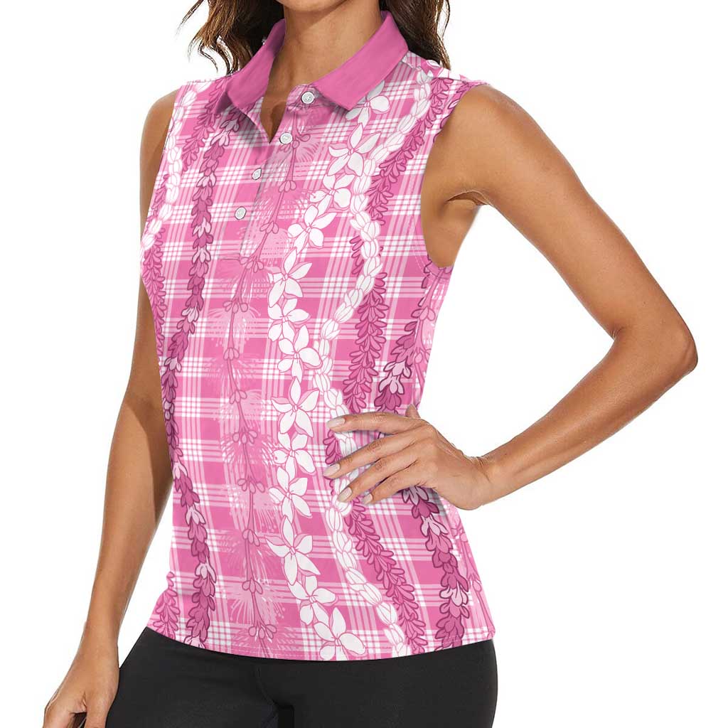Hawaiian Ohia Lehua Lei Women Sleeveless Polo Shirt Plaid Palaka Akala Pattern - Polynesian Pride