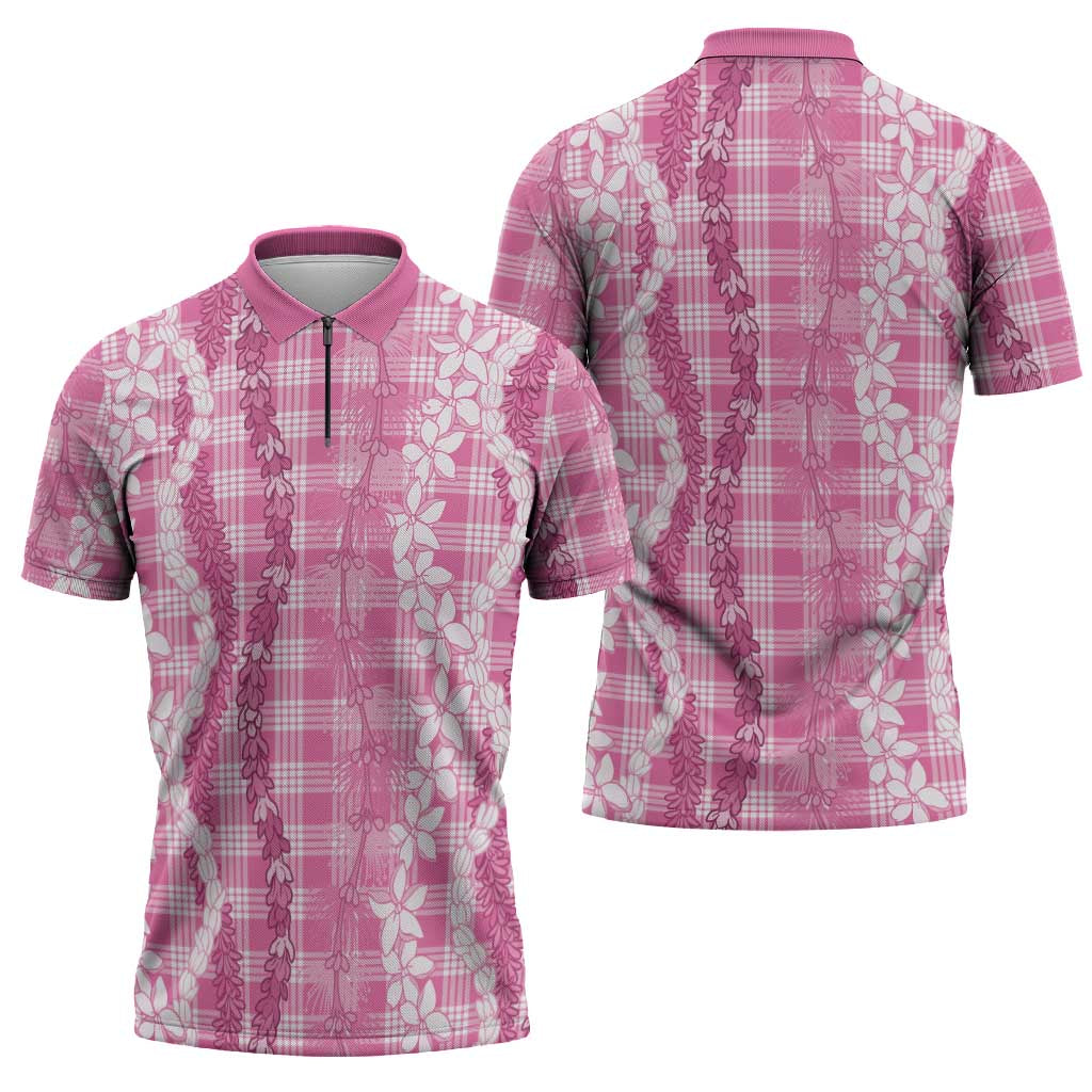 Hawaiian Ohia Lehua Lei Zipper Polo Shirt Plaid Palaka Akala Pattern - Polynesian Pride