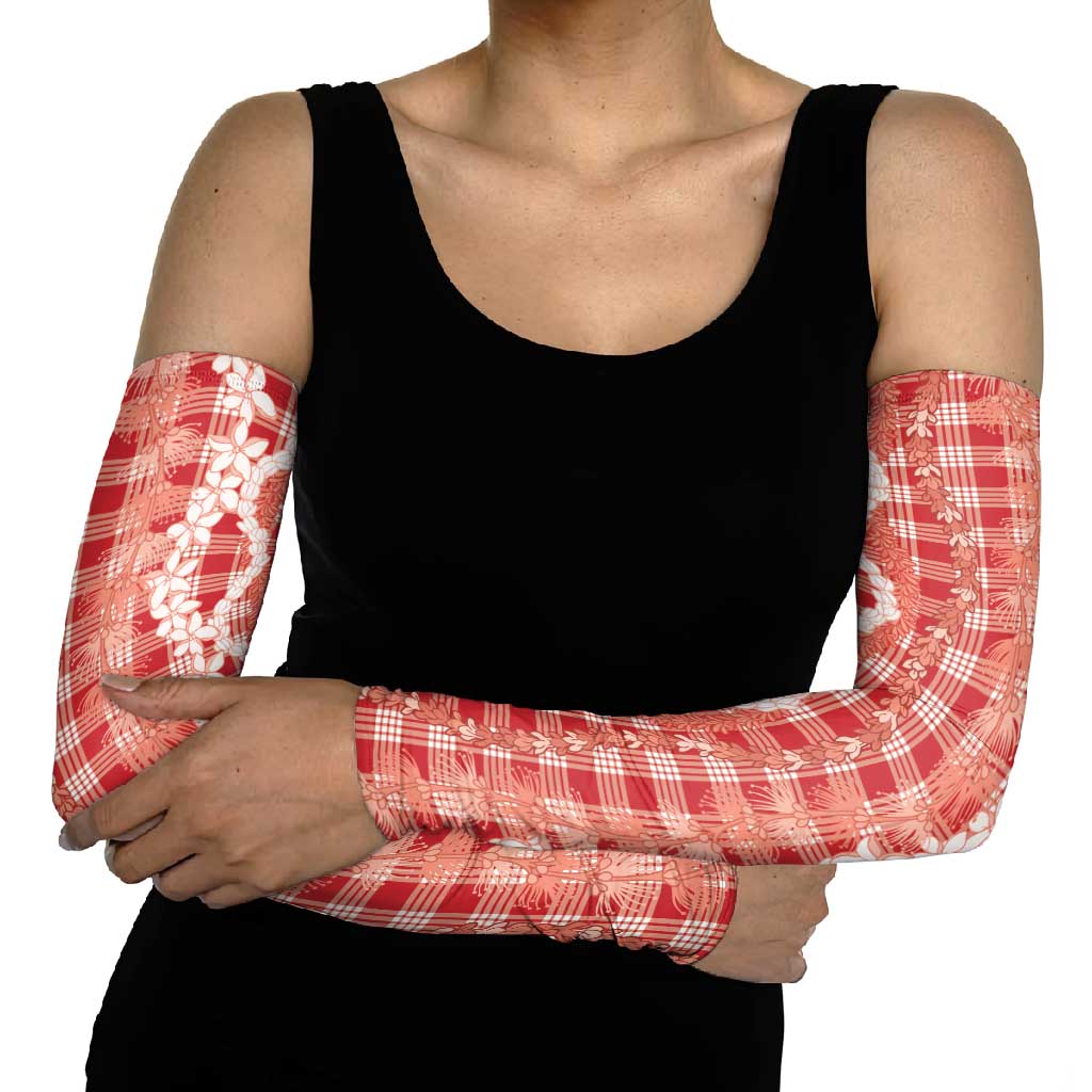 Hawaiian Ohia Lehua Lei Arm Sleeves Plaid Palaka Ulaula Pattern LT9 - Polynesian Pride