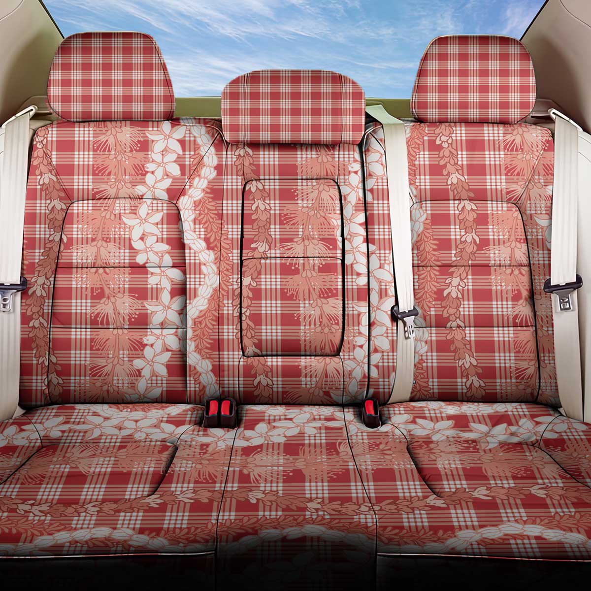 Hawaiian Ohia Lehua Lei Back Car Seat Cover Plaid Palaka Ulaula Pattern - Polynesian Pride