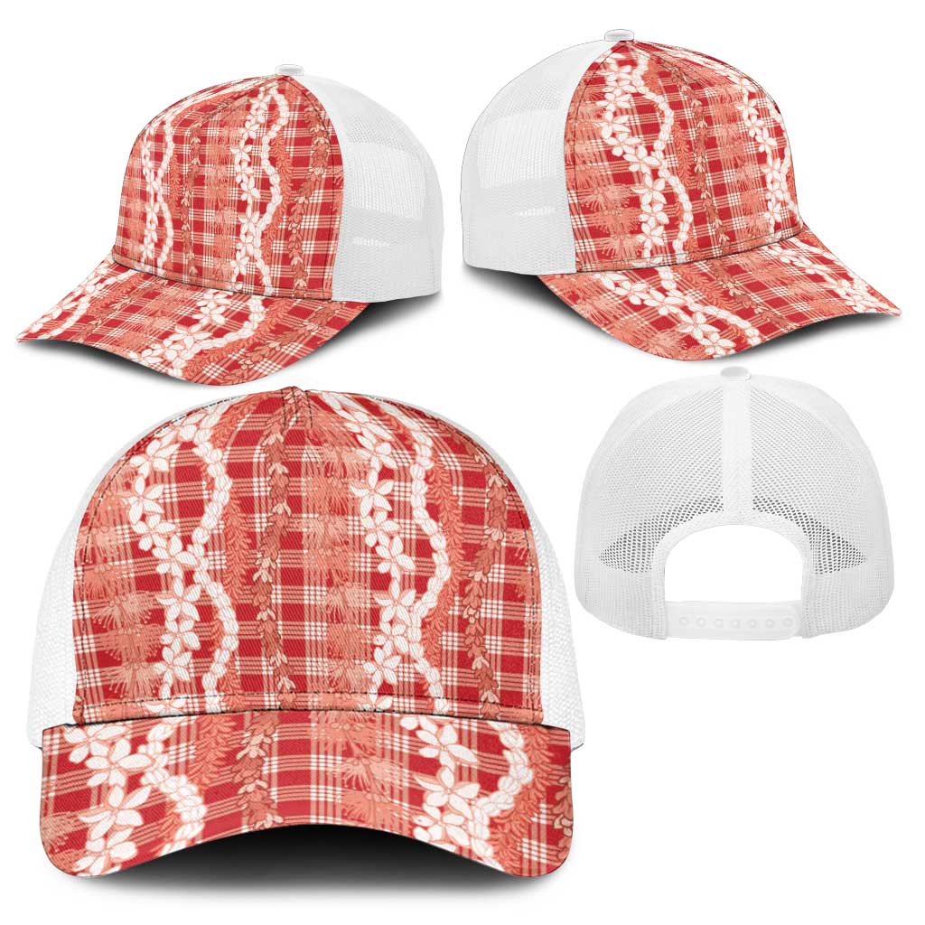 Hawaiian Ohia Lehua Lei Baseball Net Cap Plaid Palaka Ulaula Pattern - Polynesian Pride