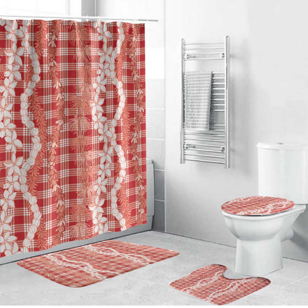 Hawaiian Ohia Lehua Lei Bathroom Set Plaid Palaka Ulaula Pattern - Polynesian Pride