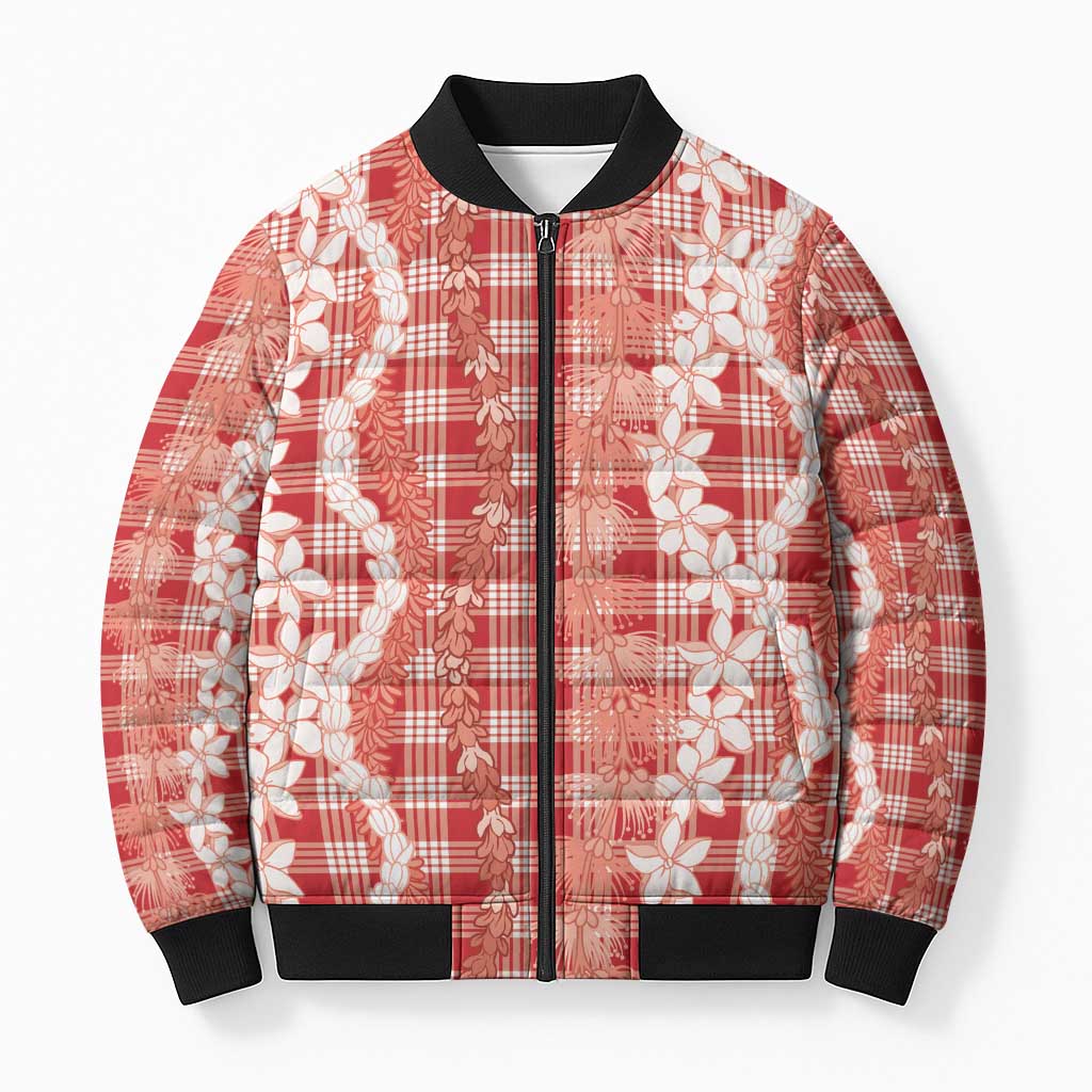 Hawaiian Ohia Lehua Lei Bomber Puffer Jacket Plaid Palaka Ulaula Pattern LT9 Unisex Red - Polynesian Pride