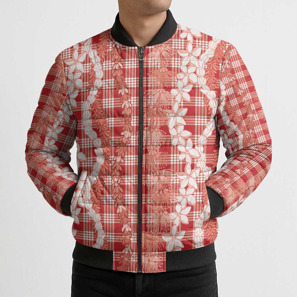 Hawaiian Ohia Lehua Lei Bomber Puffer Jacket Plaid Palaka Ulaula Pattern LT9 - Polynesian Pride