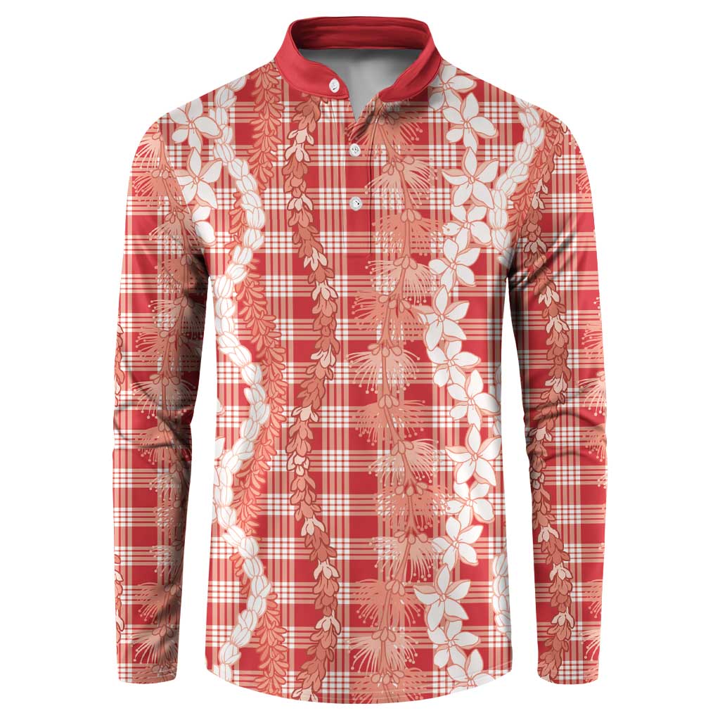 Hawaiian Ohia Lehua Lei Button Sweatshirt Plaid Palaka Ulaula Pattern LT9 Red - Polynesian Pride