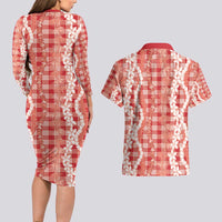 Hawaiian Ohia Lehua Lei Couples Matching Long Sleeve Bodycon Dress and Hawaiian Shirt Plaid Palaka Ulaula Pattern - Polynesian Pride