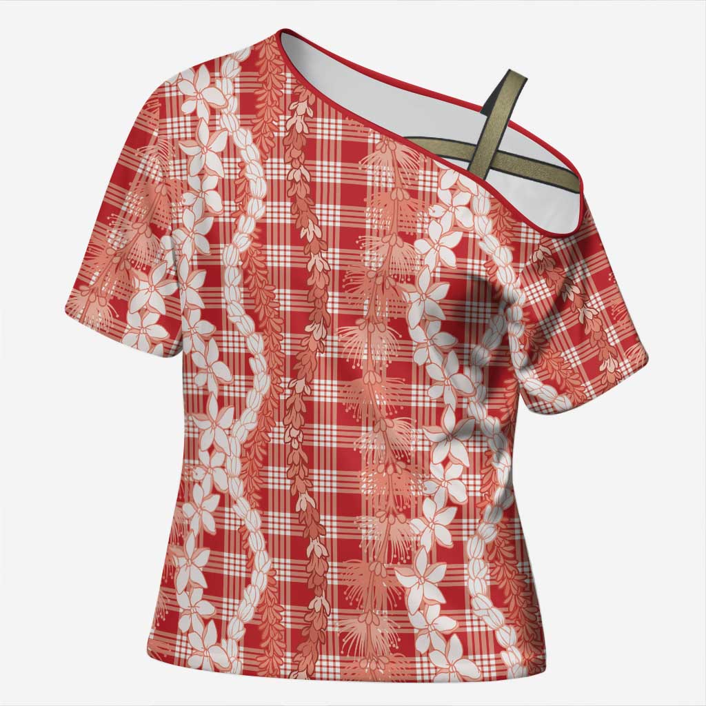 Hawaiian Ohia Lehua Lei Cross Shoulder Shirt Plaid Palaka Ulaula Pattern LT9 Female Red - Polynesian Pride