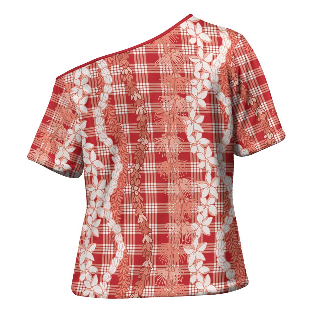 Hawaiian Ohia Lehua Lei Cross Shoulder Shirt Plaid Palaka Ulaula Pattern LT9 - Polynesian Pride
