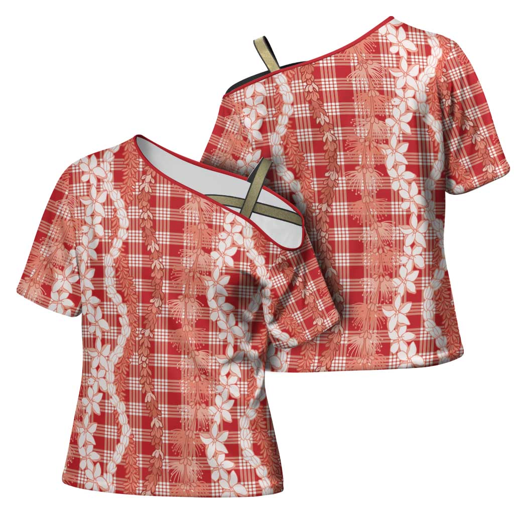 Hawaiian Ohia Lehua Lei Cross Shoulder Shirt Plaid Palaka Ulaula Pattern LT9 - Polynesian Pride