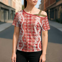 Hawaiian Ohia Lehua Lei Cross Shoulder Shirt Plaid Palaka Ulaula Pattern LT9 - Polynesian Pride