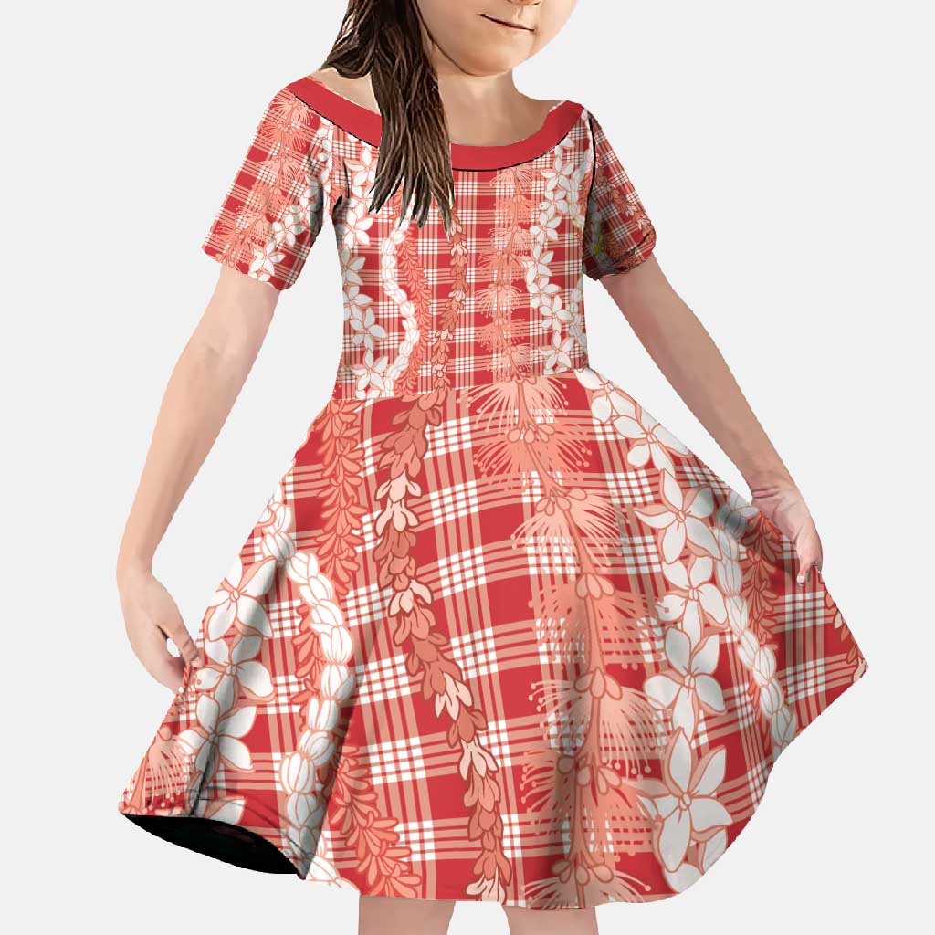 Hawaiian Ohia Lehua Lei Family Matching Long Sleeve Bodycon Dress and Hawaiian Shirt Plaid Palaka Ulaula Pattern - Polynesian Pride