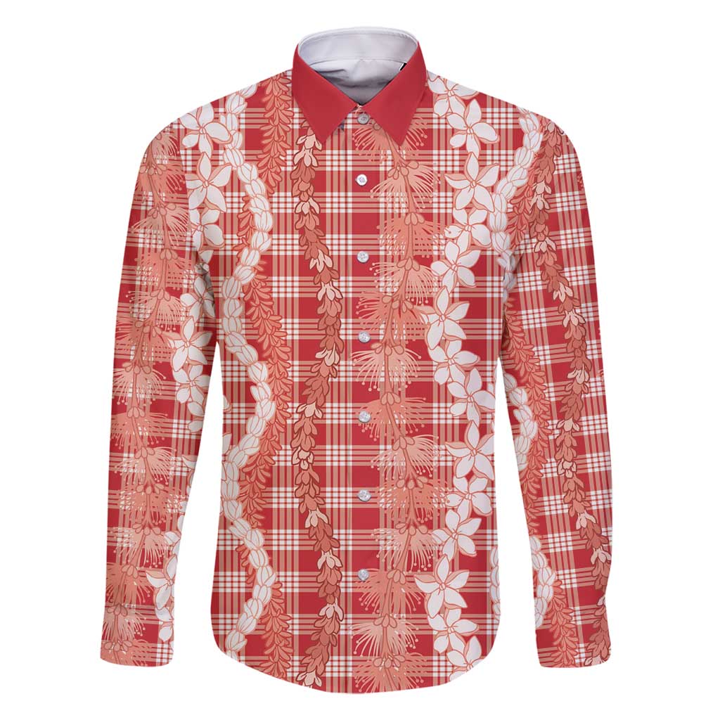 Hawaiian Ohia Lehua Lei Family Matching Long Sleeve Bodycon Dress and Hawaiian Shirt Plaid Palaka Ulaula Pattern - Polynesian Pride