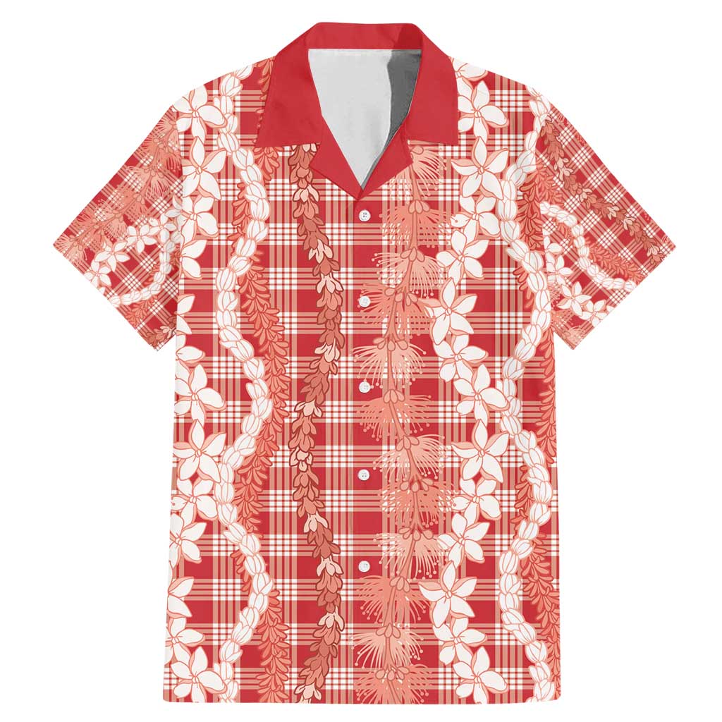 Hawaiian Ohia Lehua Lei Family Matching Mermaid Dress and Hawaiian Shirt Plaid Palaka Ulaula Pattern - Polynesian Pride