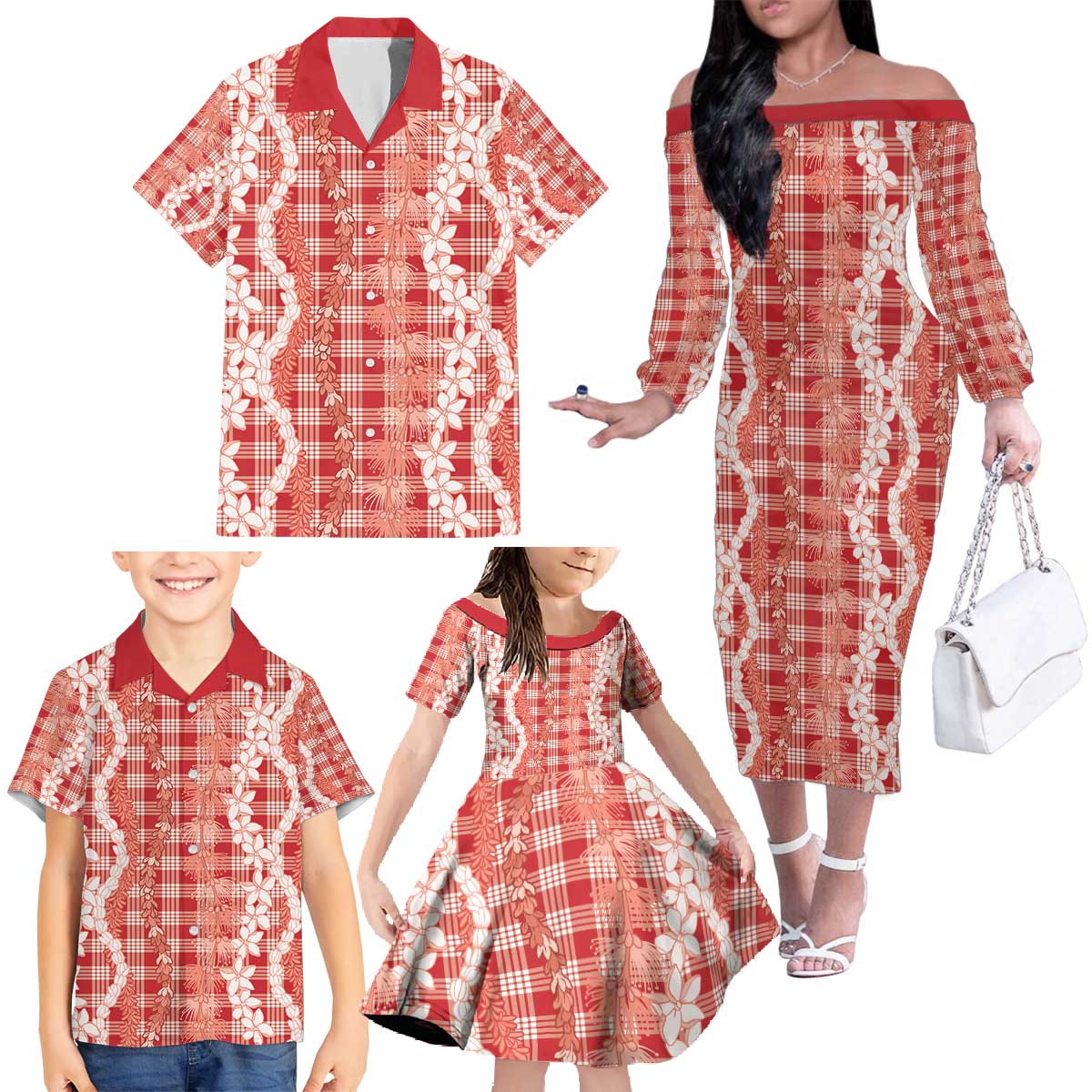 Hawaiian Ohia Lehua Lei Family Matching Off The Shoulder Long Sleeve Dress and Hawaiian Shirt Plaid Palaka Ulaula Pattern - Polynesian Pride