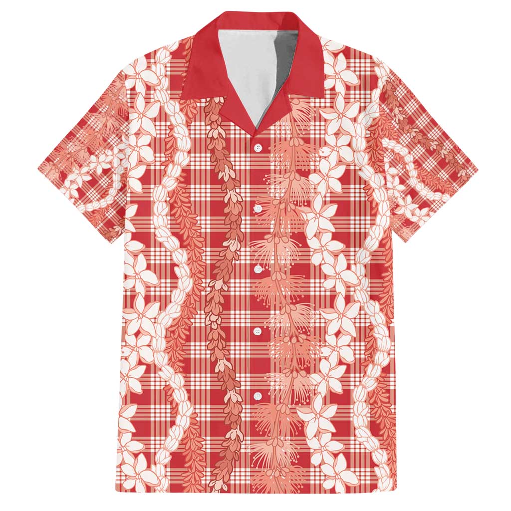 Hawaiian Ohia Lehua Lei Family Matching Off Shoulder Maxi Dress and Hawaiian Shirt Plaid Palaka Ulaula Pattern - Polynesian Pride