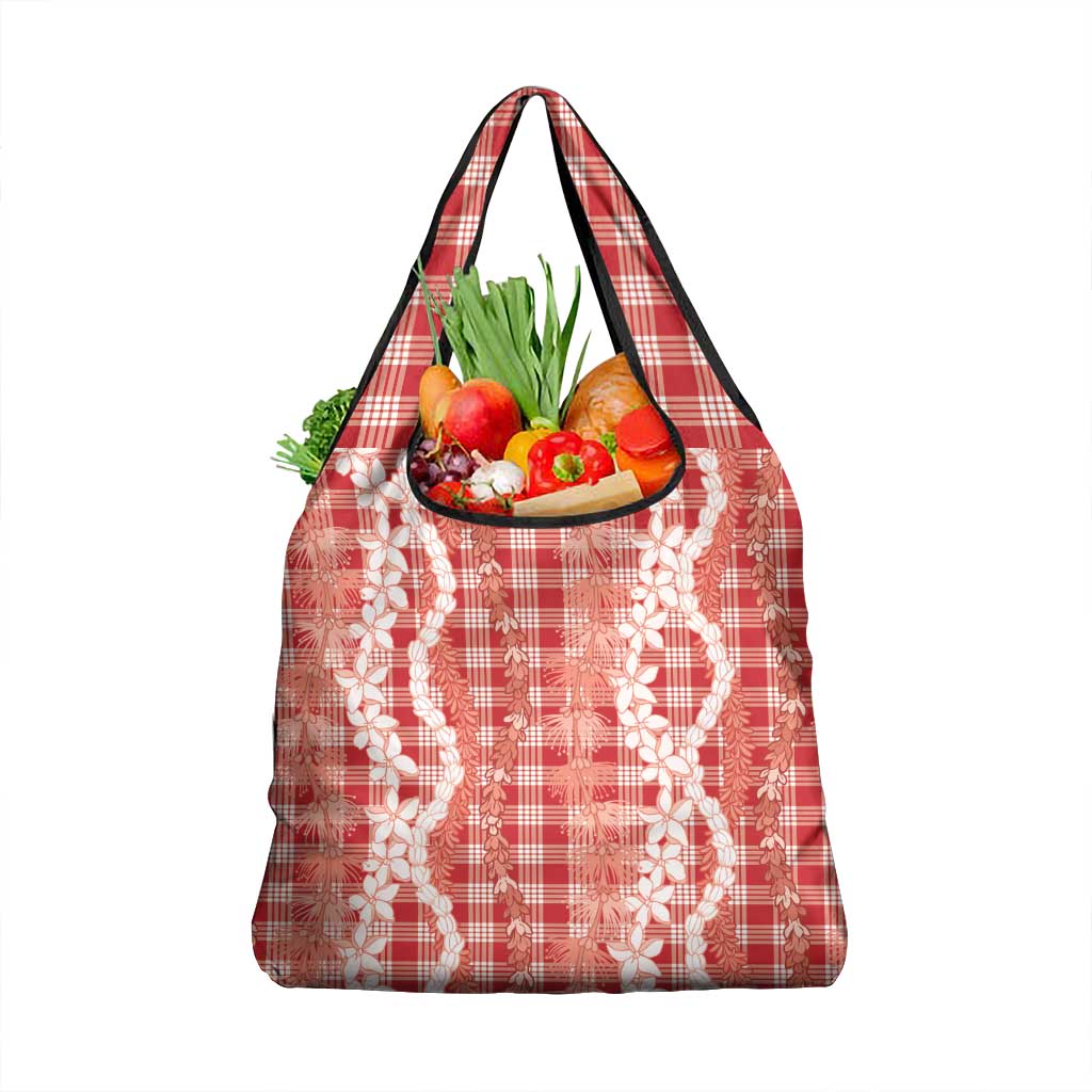 Hawaiian Ohia Lehua Lei Grocery Bag Plaid Palaka Ulaula Pattern LT9 1-pack One Size Red - Polynesian Pride