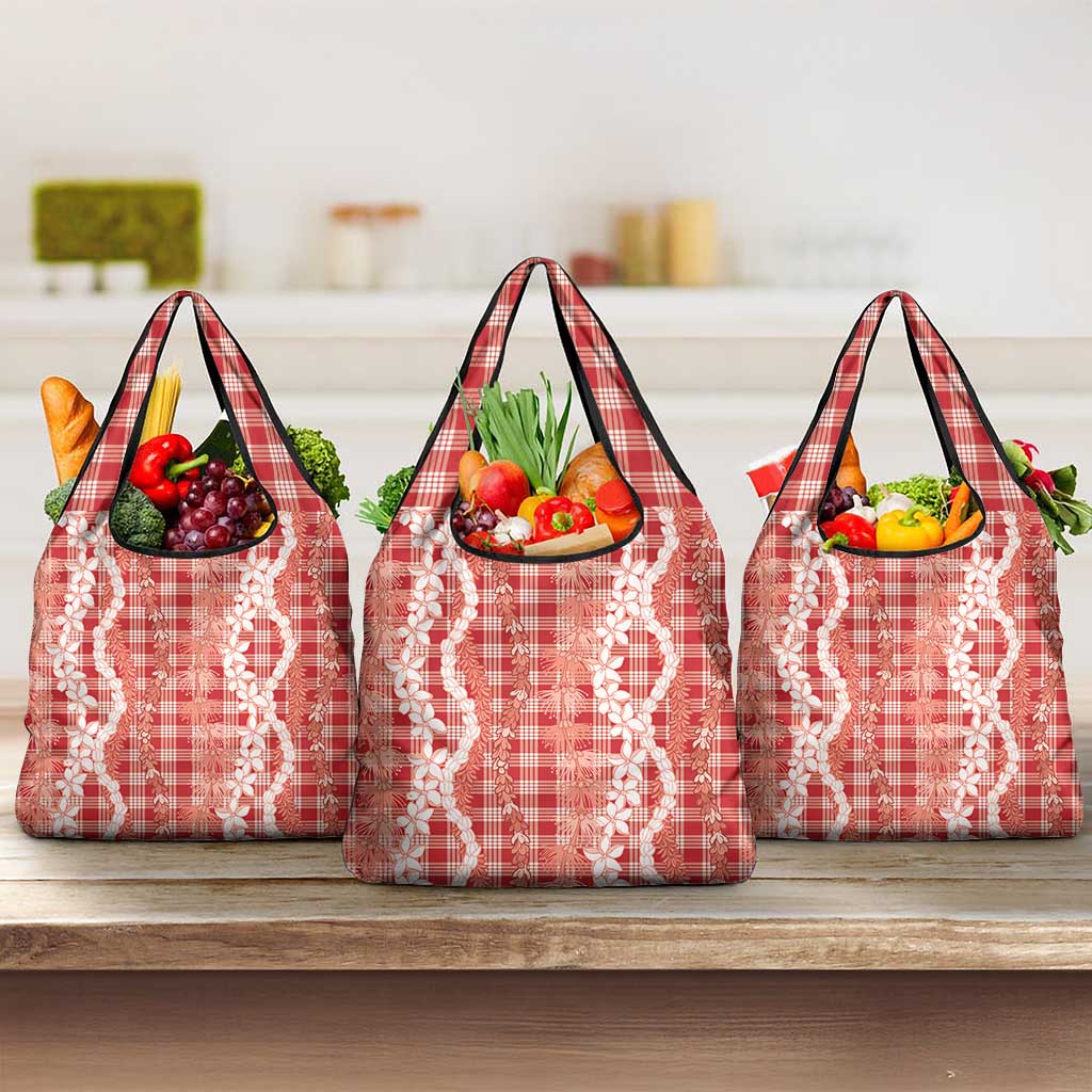 Hawaiian Ohia Lehua Lei Grocery Bag Plaid Palaka Ulaula Pattern LT9 3-pack One Size Red - Polynesian Pride