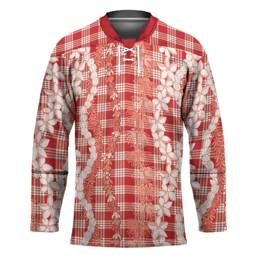 Hawaiian Ohia Lehua Lei Hockey Jersey Plaid Palaka Ulaula Pattern - Polynesian Pride