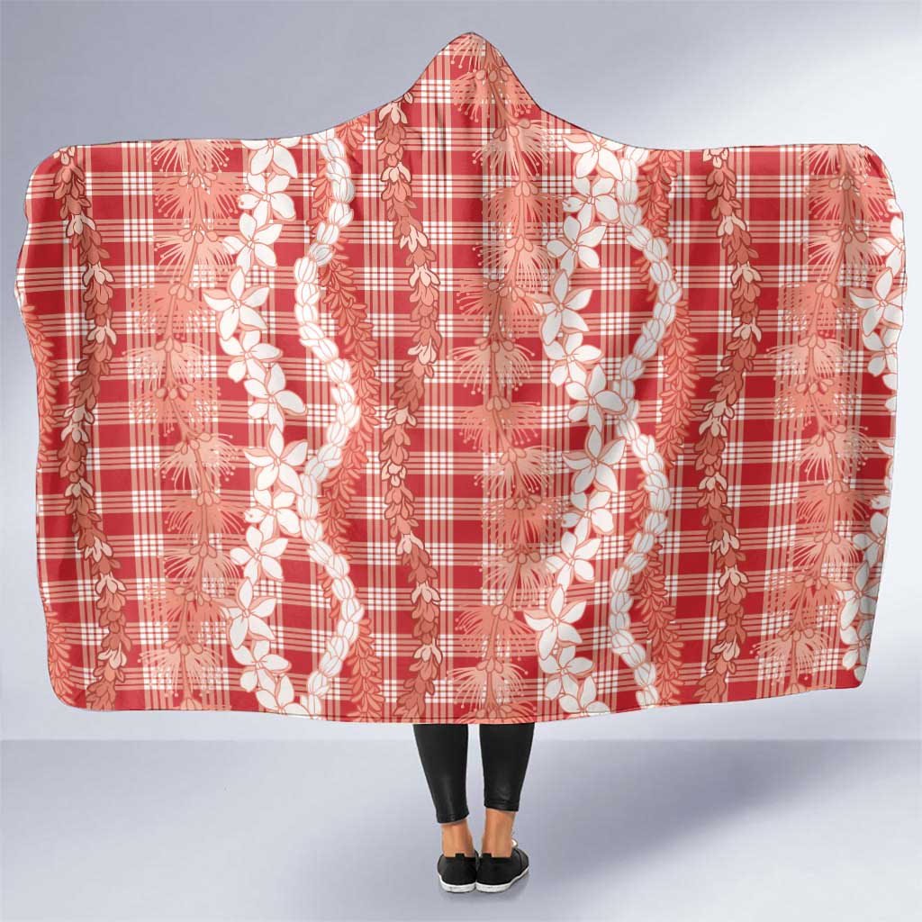 Hawaiian Ohia Lehua Lei Hooded Blanket Plaid Palaka Ulaula Pattern LT9 One Size Red - Polynesian Pride
