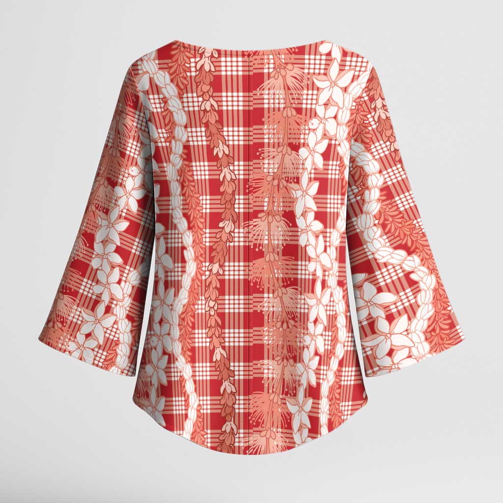 Hawaiian Ohia Lehua Lei Kimono Sleeve Blouse Plaid Palaka Ulaula Pattern - Polynesian Pride