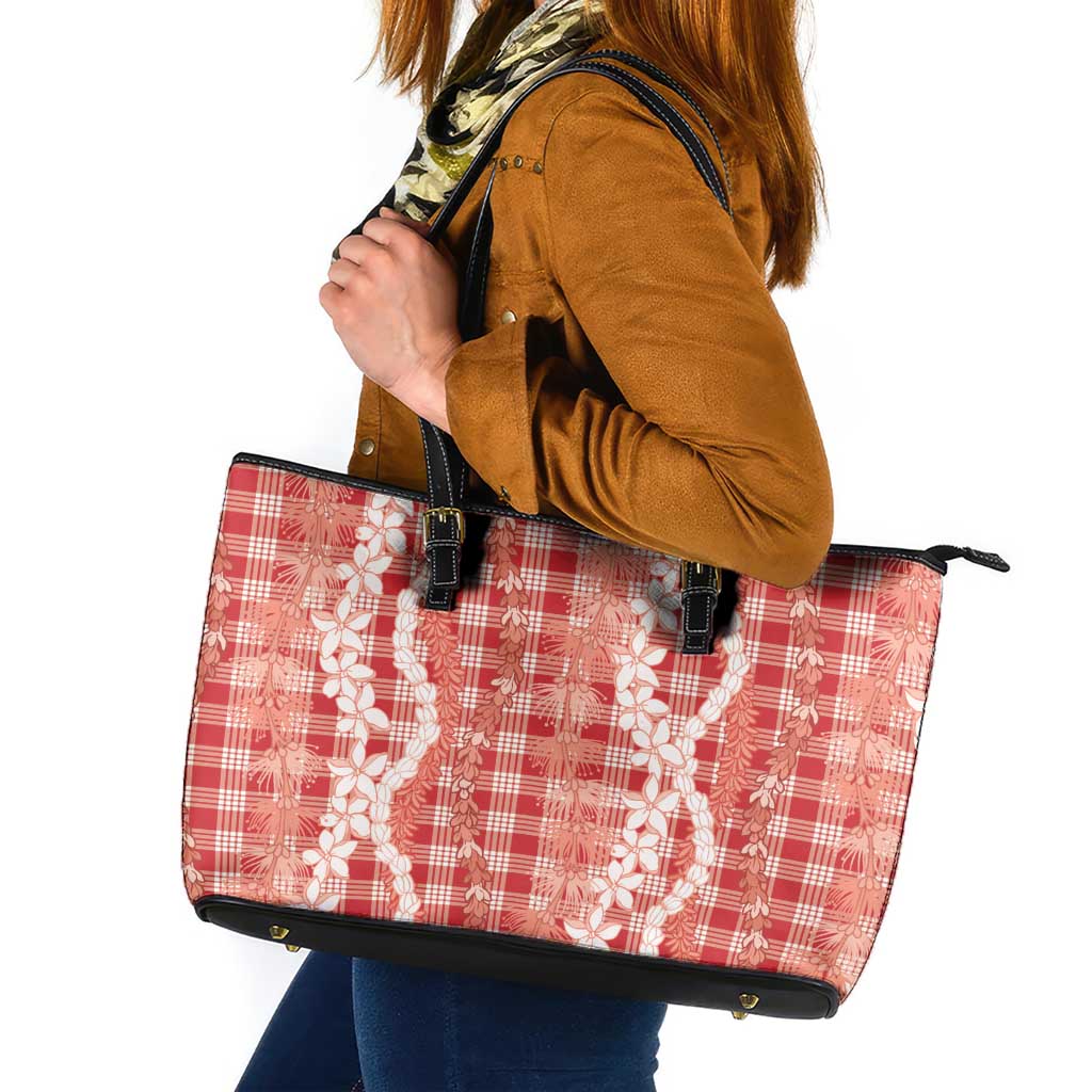 Hawaiian Ohia Lehua Lei Leather Tote Bag Plaid Palaka Ulaula Pattern LT9 Red - Polynesian Pride