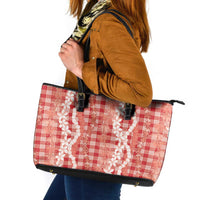 Hawaiian Ohia Lehua Lei Leather Tote Bag Plaid Palaka Ulaula Pattern LT9 Red - Polynesian Pride