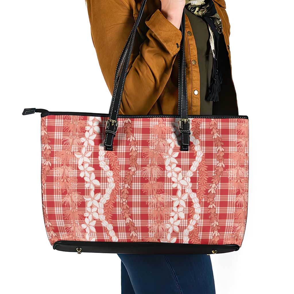 Hawaiian Ohia Lehua Lei Leather Tote Bag Plaid Palaka Ulaula Pattern LT9 - Polynesian Pride