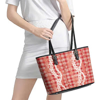 Hawaiian Ohia Lehua Lei Leather Tote Bag Plaid Palaka Ulaula Pattern LT9 - Polynesian Pride
