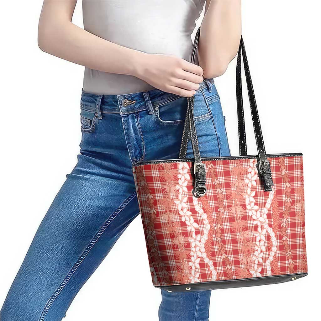 Hawaiian Ohia Lehua Lei Leather Tote Bag Plaid Palaka Ulaula Pattern LT9 - Polynesian Pride
