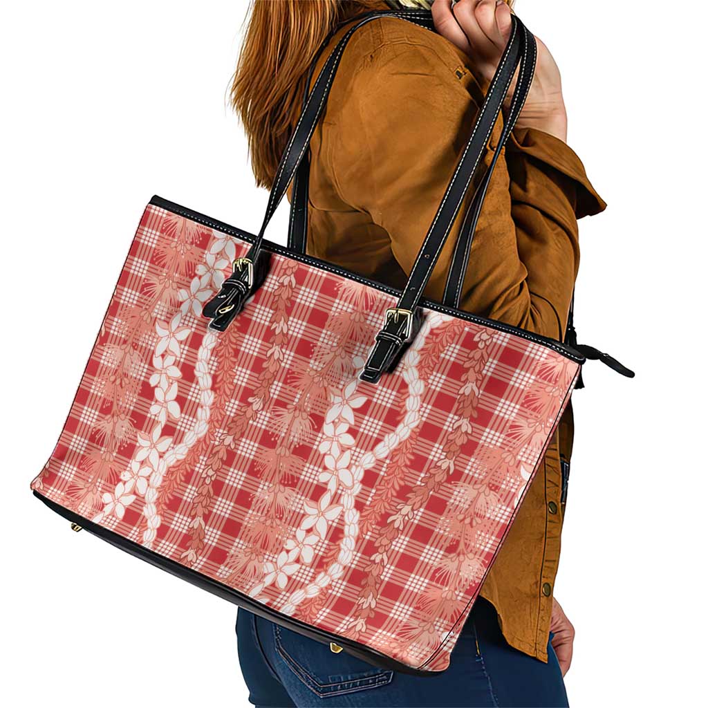 Hawaiian Ohia Lehua Lei Leather Tote Bag Plaid Palaka Ulaula Pattern LT9 - Polynesian Pride