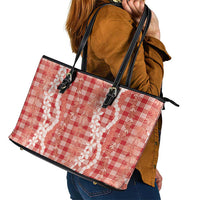 Hawaiian Ohia Lehua Lei Leather Tote Bag Plaid Palaka Ulaula Pattern LT9 - Polynesian Pride