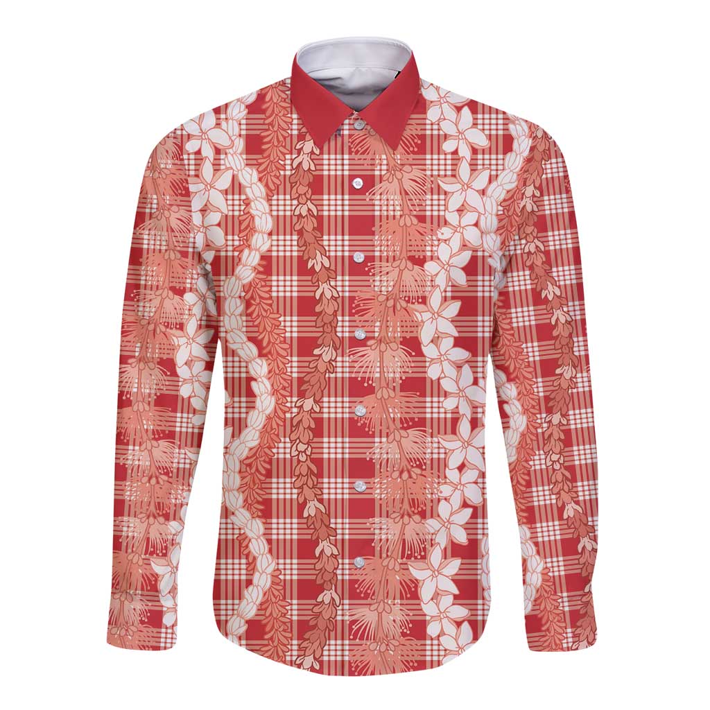 Hawaiian Ohia Lehua Lei Long Sleeve Button Shirt Plaid Palaka Ulaula Pattern LT9 Unisex Red - Polynesian Pride