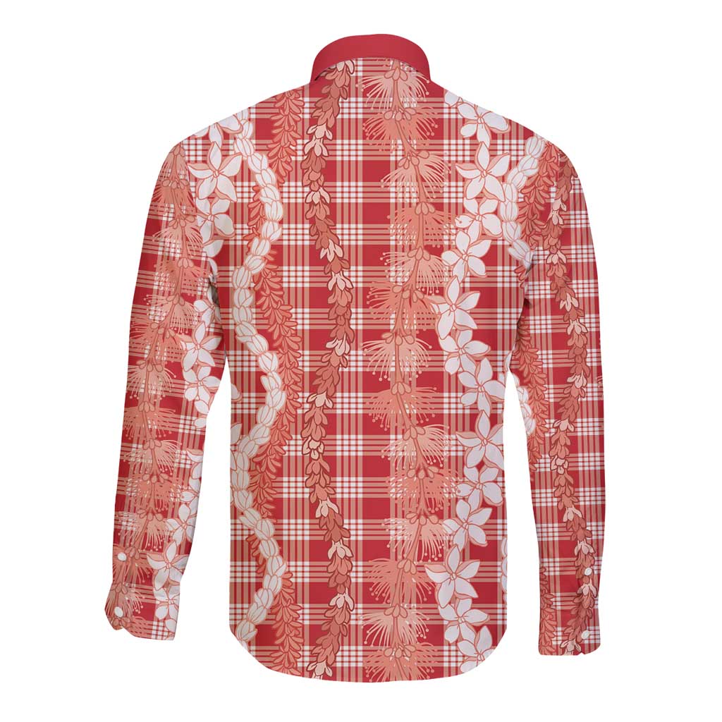 Hawaiian Ohia Lehua Lei Long Sleeve Button Shirt Plaid Palaka Ulaula Pattern LT9 - Polynesian Pride