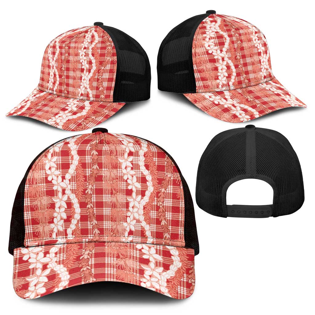 Hawaiian Ohia Lehua Lei Mesh Trucker Cap Plaid Palaka Ulaula Pattern - Polynesian Pride
